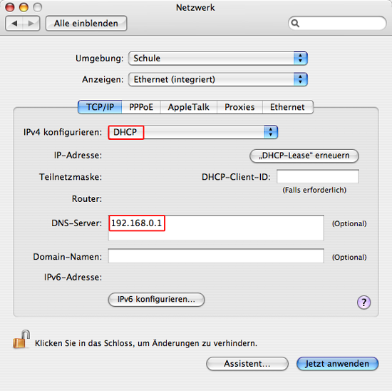 Mac OS X - Einstellungen für DHCP