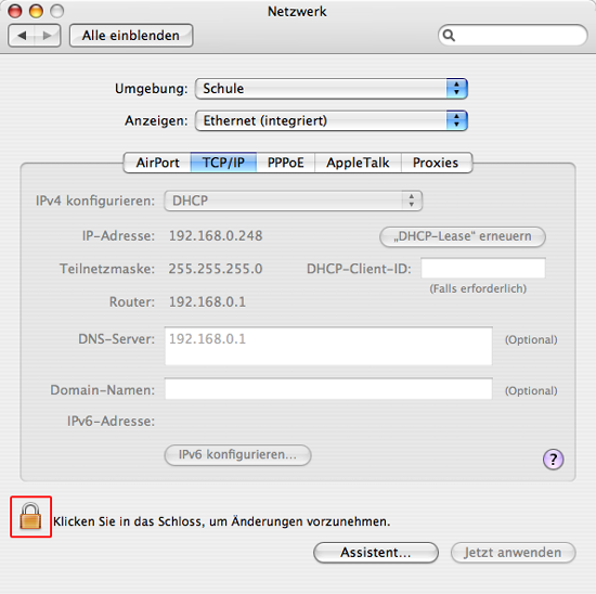 Mac OS X - Systemeinstellung Netzwerk