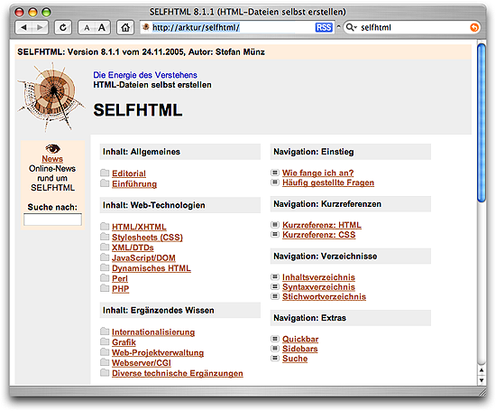 Startseite der lokalen Kopie von SELFHTML