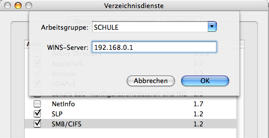 Mac OS X - Verzeichnisdienst - WINS-Einstellung